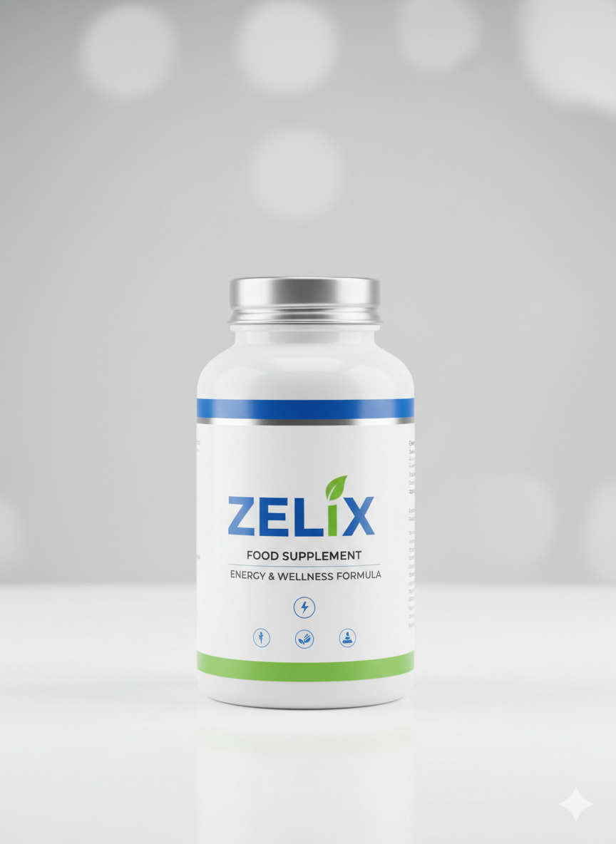 Zelix food supplement bottle on a neutral surface